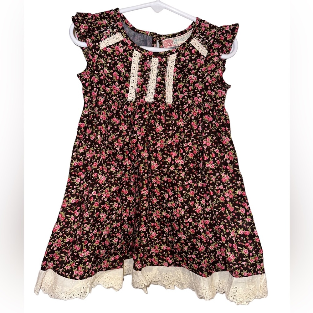New Free Planet 2T dress Brown Mini Rose Lace Trim boho